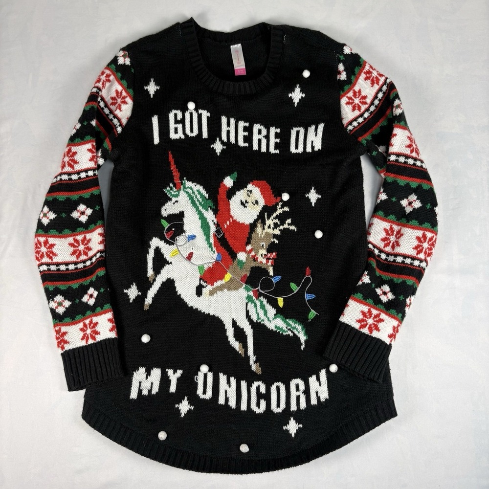 Ugly Christmas Sweater Santa Unicorn No Boundaries Girls/Juniors XL (15-17)